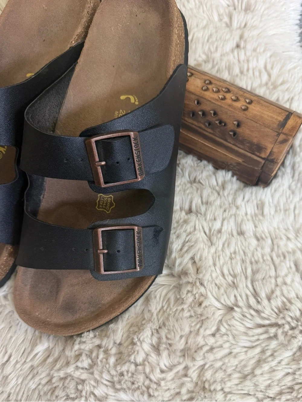 Birkenstock Men's Arizona  Black Leather Bronze Buckle  SZ 44 11M